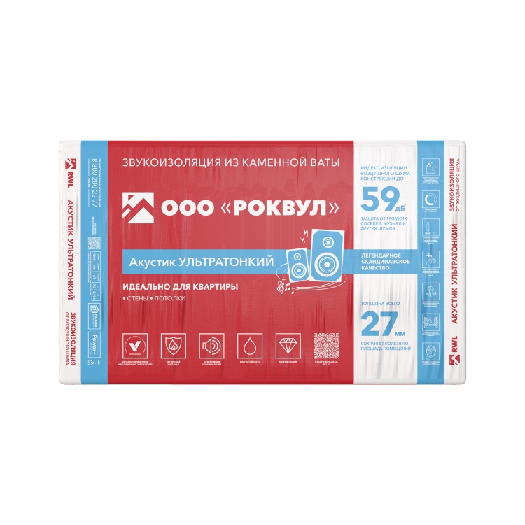 Утеплитель Роквул Акустик Баттс (GBI) 1000х600х50 мм, 45 кг/м3, 12 шт. уп